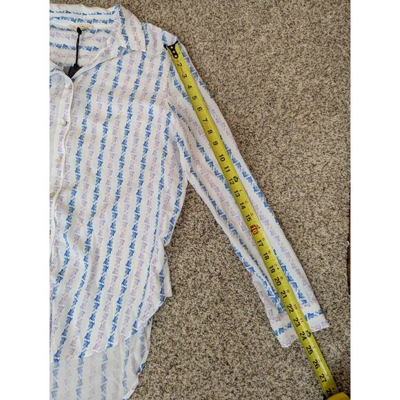 Jane and Delancey Bird Print Stripe Top Women’s Small White Blue Roll Tab Sleeve - Picture 7 of 10